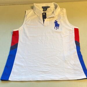 Ralph Lauren White Sleeveless Polo Tank with Red & Blue Side Stripes
